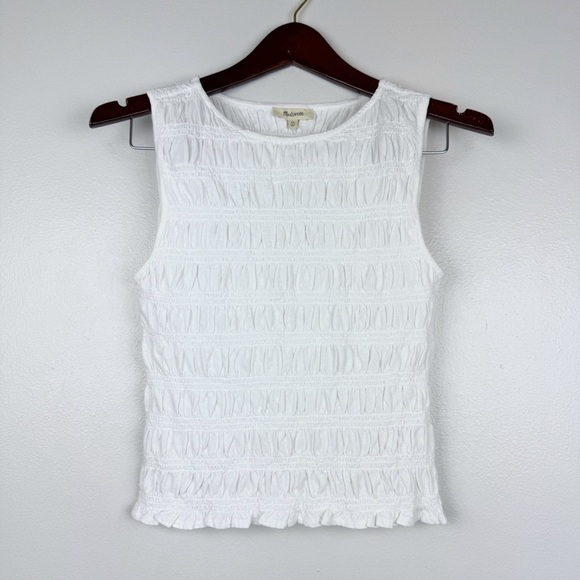 Madewell Smocked Cotton Linen Blend Ruffle Hem Boatneck Tank White Size XS NWT - Picture 4 of 9